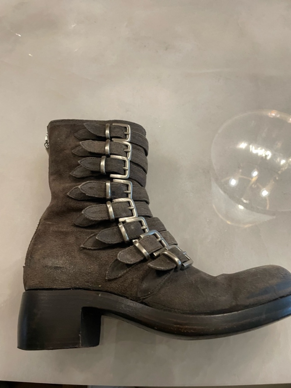 Rocco P. Gray Distressed Suede Combat Boots With Buckle Straps View 2